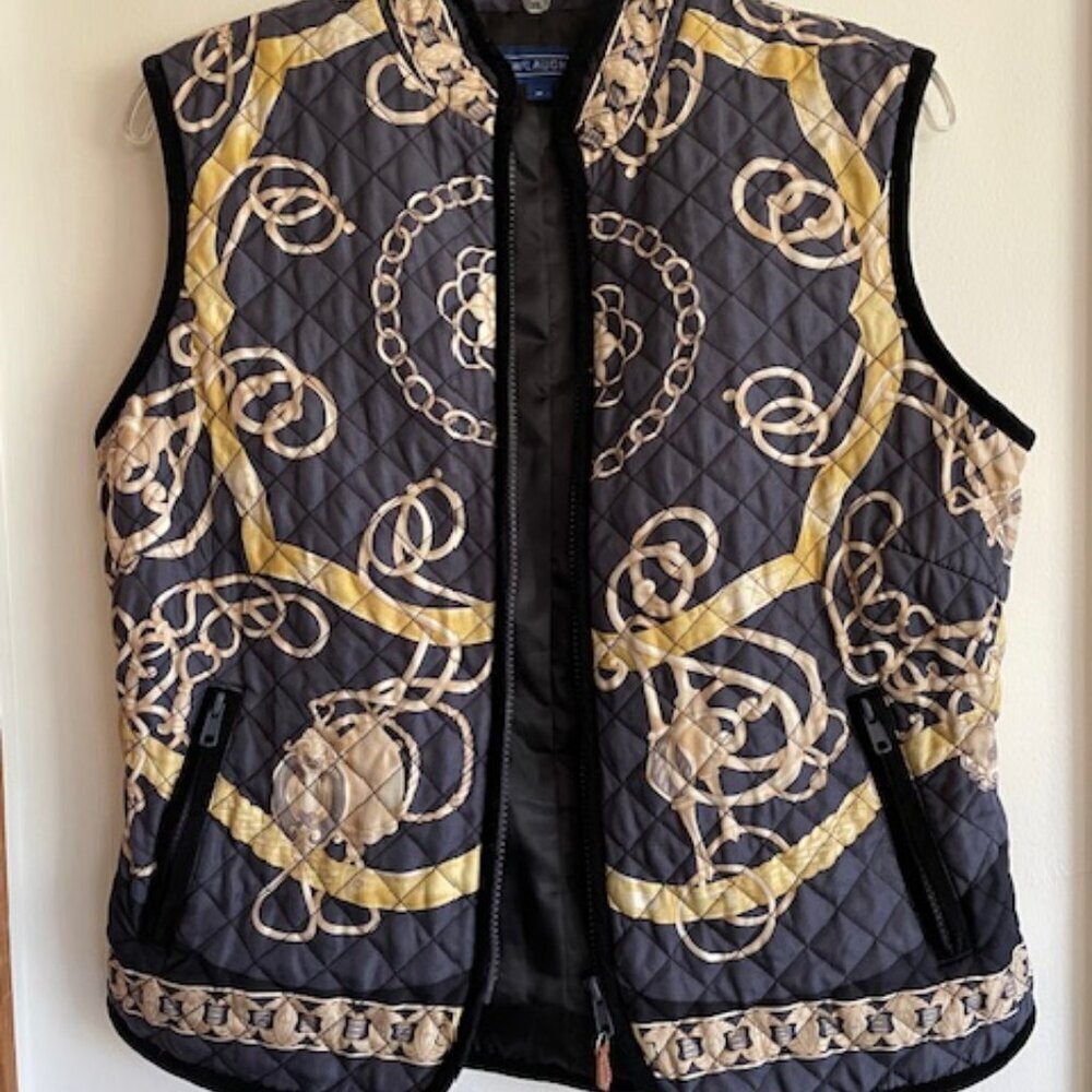 J. MCLAUGHLIN Equestrian Print Silk Quilted Vest Black Medium - Picture 6 of 15
